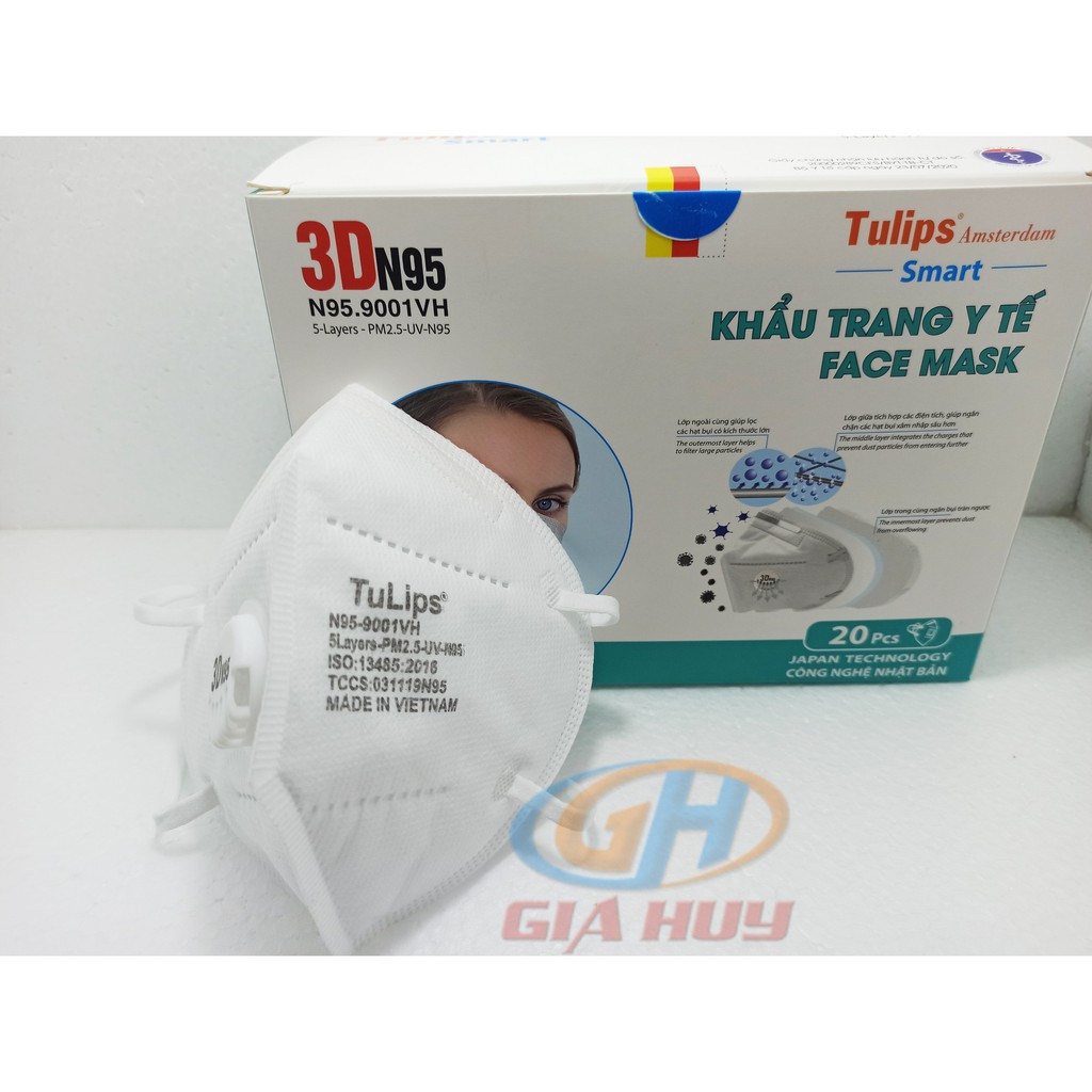 (Chính Hãng) Khẩu trang Tulips 3D N95 Lọc Bụi Siêu Mịn PM2.5 Có Van Thở