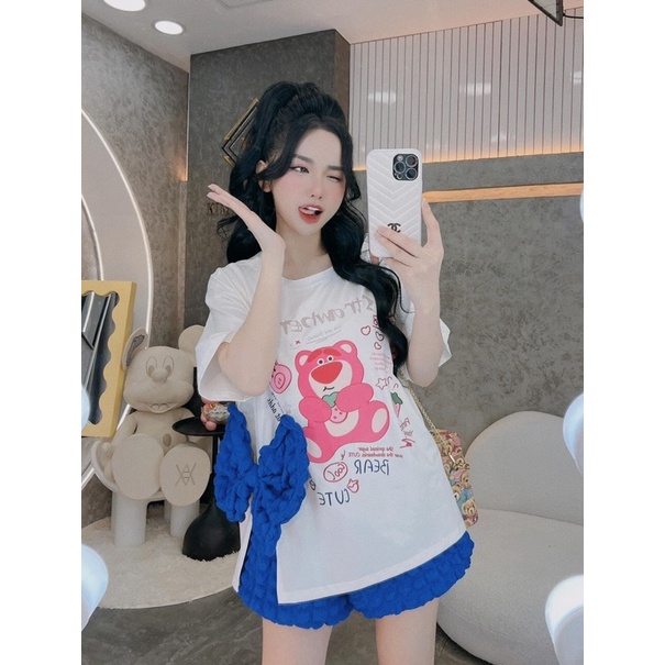 Set áo cotton nơ hồng quần đùi đủ màu xinh xắn Y4