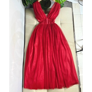 Đầm maxi sát nách lưới phồng dự tiệc / Đỏ