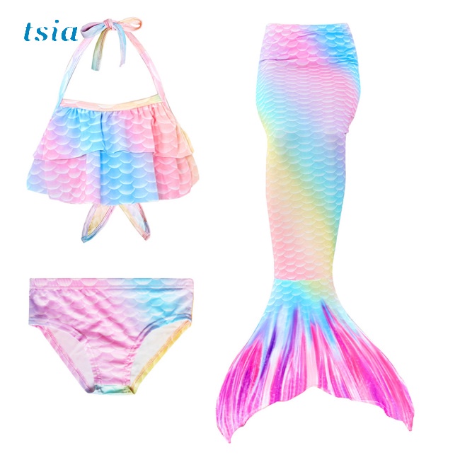 Bộ Đồ Bơi 3 Món Gồm Áo Croptop Hai Dây Và Quần Lót Màu Sắc Gradient Dành Cho Bé Gái 3-12 Tuổi