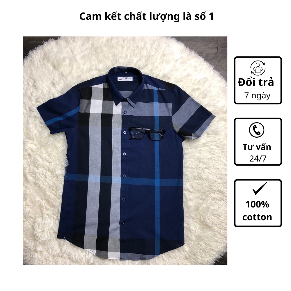 Áo sơ mi kẻ burberry nam tay ngắn vải cotton , bbr cộc tay kẻ to thoáng mầu đen SMC01