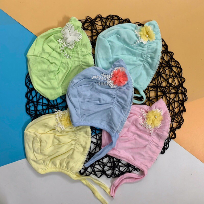 Mũ cotton sơ sinh có dây buộc cho bé