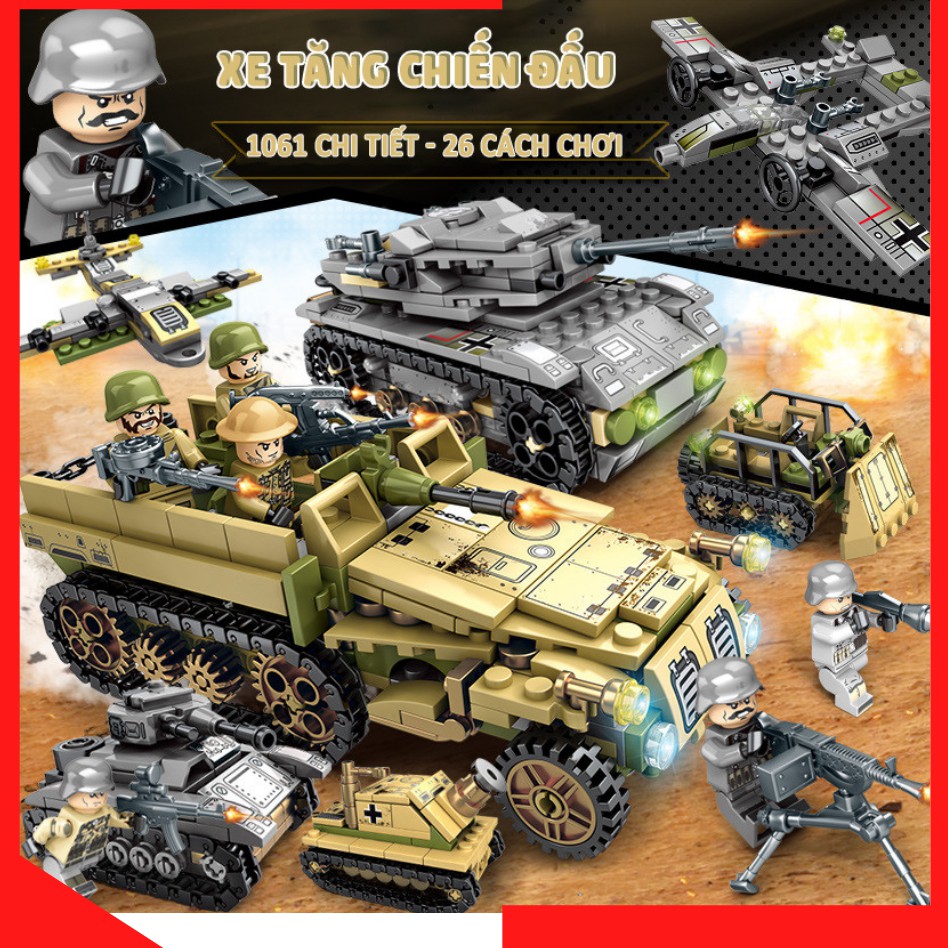 Đồ chơi lego lắp ghép xe tăng gồm 26 loại lego xe tăng, lego máy bay và lego xe quân sự.