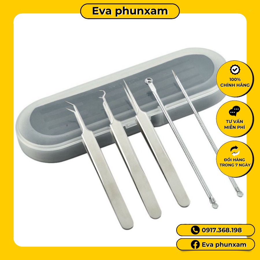 Bộ nặn mụn 5 chi tiết 3 nhíp 2 que nặn mụn phù hợp dùng spa cái nhân