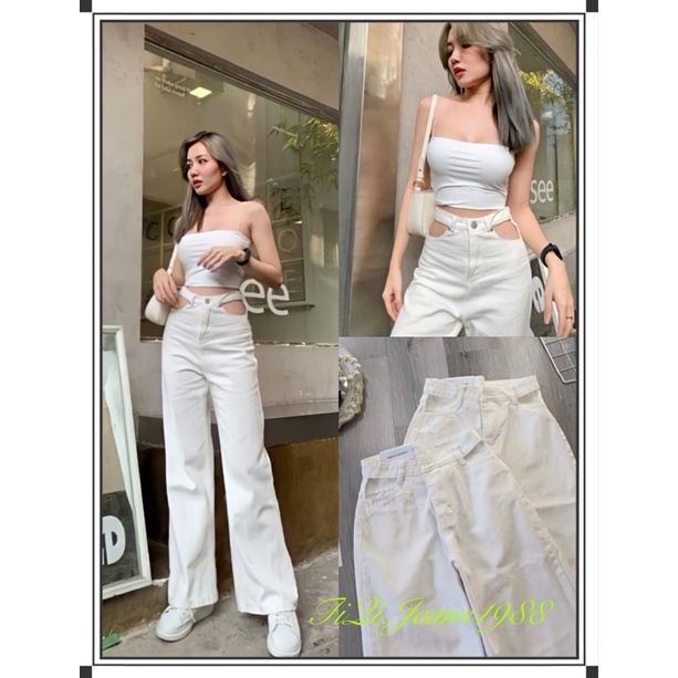 (kèm ảnh thật) Quần jeans nữ khoet eo cá tính, ống rộng 22cm, chất jean mềm từ tiqijean1988