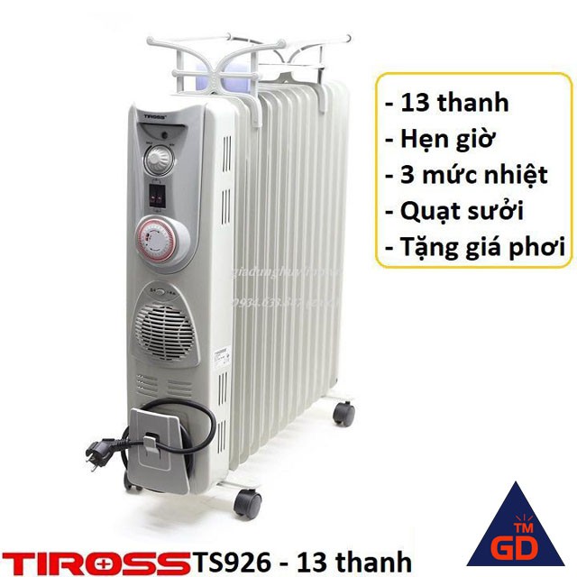 Máy sưởi dầu 13 thanh Tiross TS926 - Có hẹn giờ - Tặng giá phơi