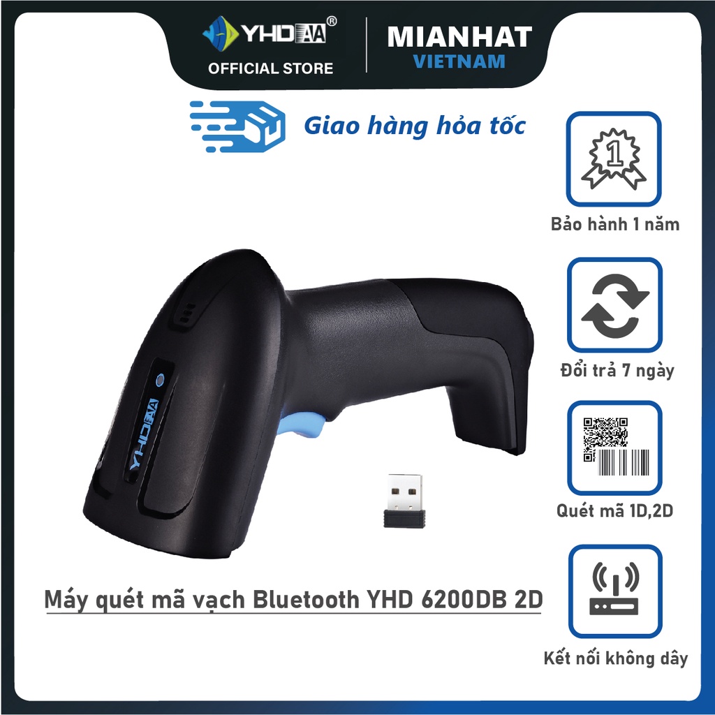Máy quét mã vạch Bluetooth YHD 6200DB 2D - Máy bắn mã vạch không dây kết nối Bluetooth/ 2.4G dùng trên Điện thoại, PC
