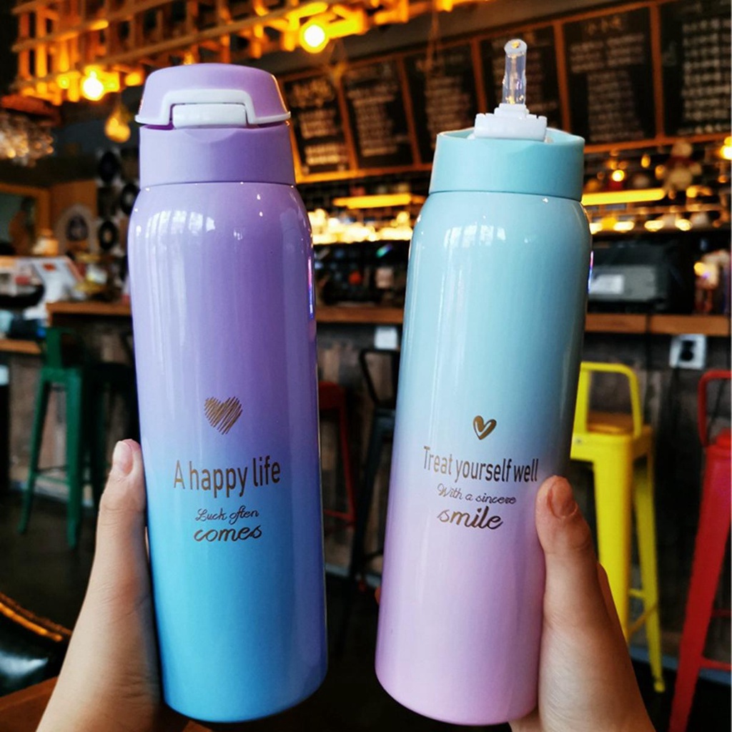 Bình Nước Giữ Nhiệt Bằng Thép Không Gỉ Nhiều Màu Sắc Tuyến Tính Kèm Ống Hút Dành Cho Trẻ Em Và Người