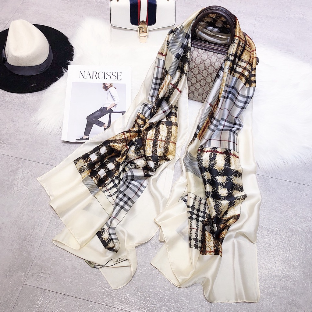 Khăn Choàng Lụa Dáng Dài In Họa Tiết Kẻ Ô Thời Trang Mùa Hè Cho Nữ