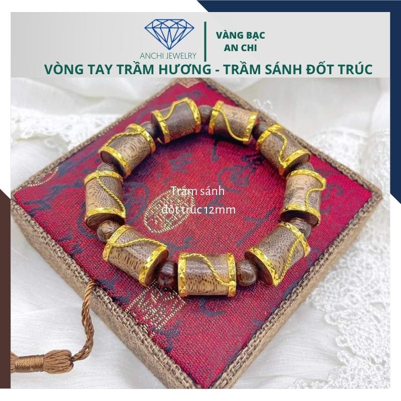 Vòng tay trầm hương nam hạt đốt trúc bọc inox mạ vàng, Anchi jewelry