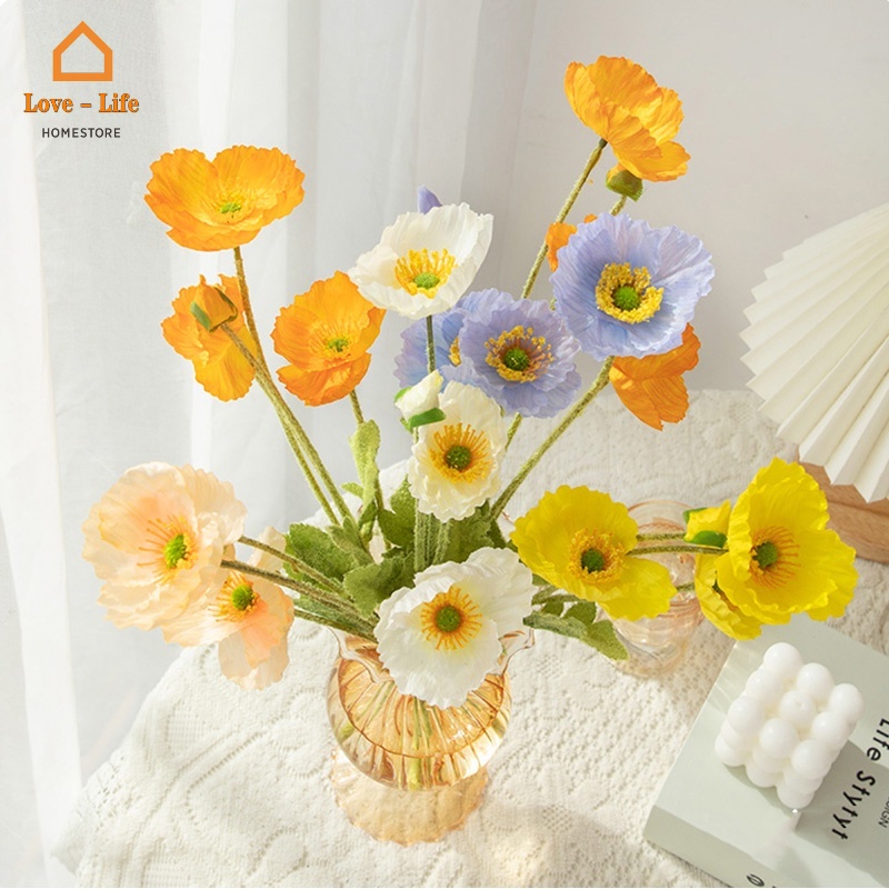 Bó Hoa Anh Túc Giả Bằng Lụa 6 Màu Trang Trí Bàn Làm Việc