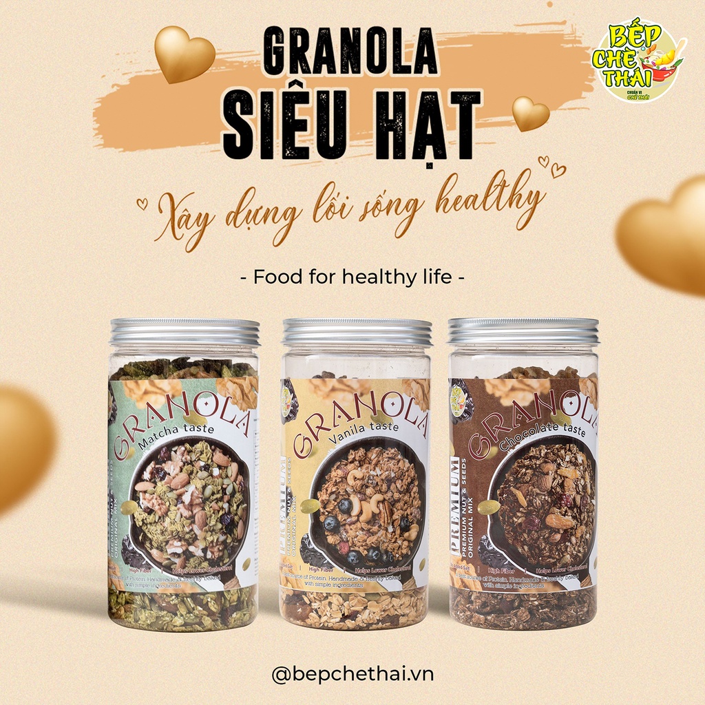 Granola Siêu Hạt Và Quả - 500gr - Ngũ Cốc Giảm Cân Thêm Óc Chó Đỏ, Nam Việt Quất - Bếp Chè Thái