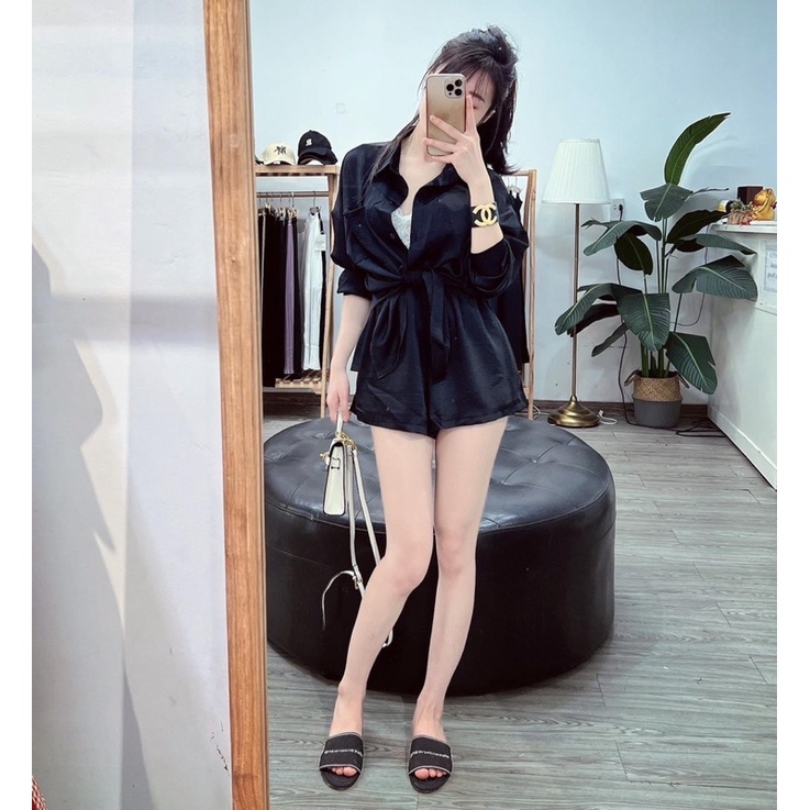 Set bộ đũi áo sơ mi mix quần sooc đùi dáng rộng thụng