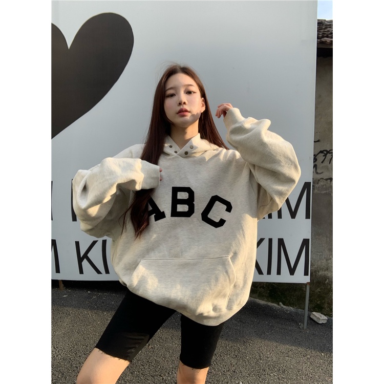 Áo khoác hoodie dáng rộng màu xám phong cách đường phố Hàn Quốc 2021 cho nữ