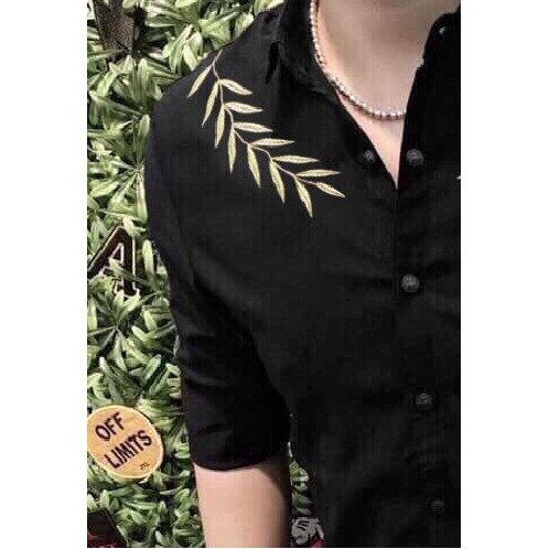 ÁO SƠ MI NAM HÀN QUỐC THÊU CÀNH LÁ QUANH CỔ - KTD009 | BigBuy360 - bigbuy360.vn