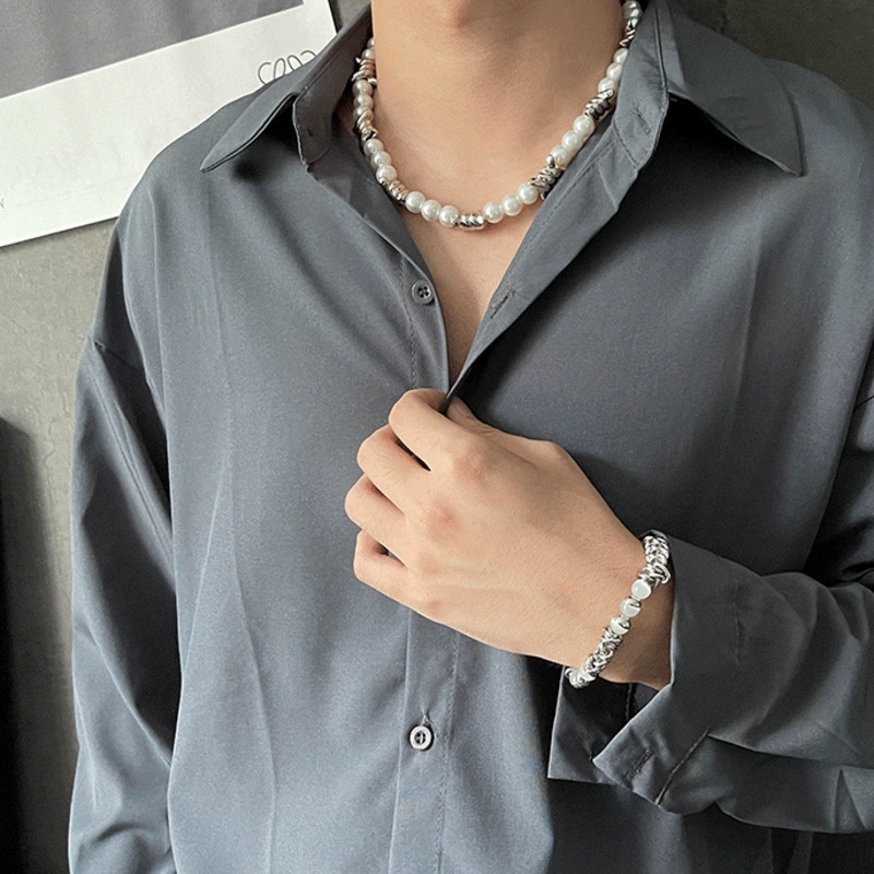 Vòng cổ Thép Titan Đính Ngọc Trai Phong Cách hip hop Cá Tính Cho Nam Và Nữ