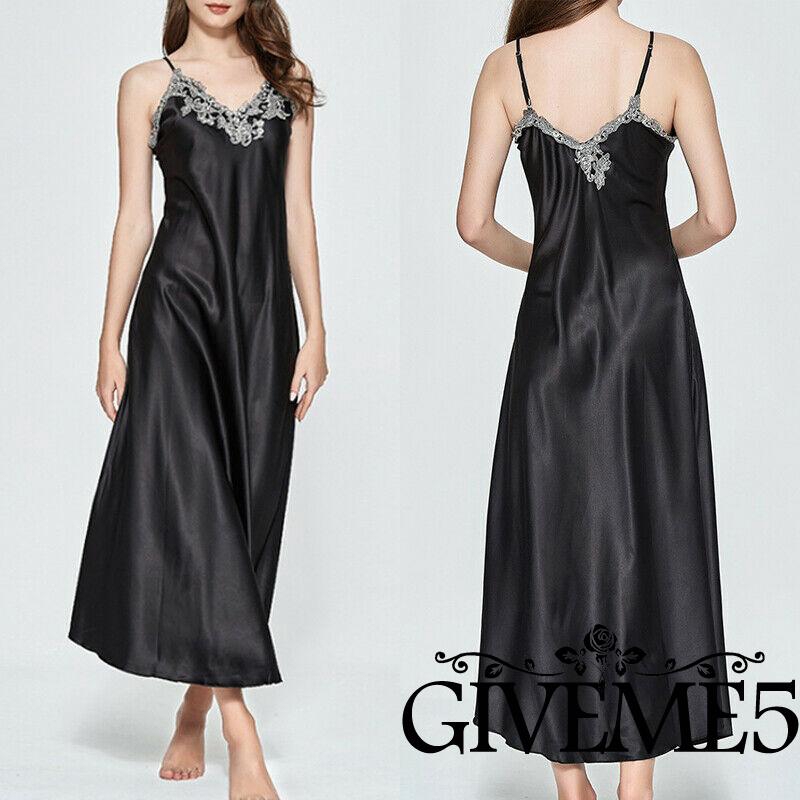Jry₪UK Women V-neck Satin Silk Lace Lingerie Pajama Night Dress Nightgown Sleepwear