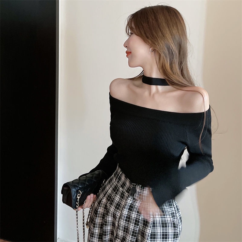 COZOK Áo len tay dài hở vai màu đen quyến rũ thời trang thu đông cho nữ