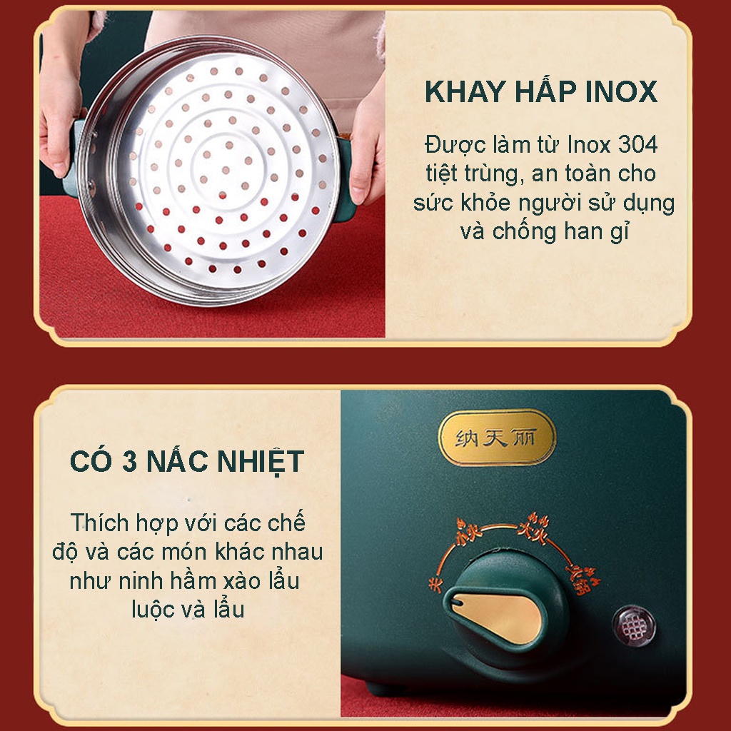 Nồi Lẩu Điện Mini Đa Năng NL01 Dung Tích 3.7L Chống Dính Vân Đá Cao Cấp Có Xửng Hấp Bảo Hành 6 Tháng