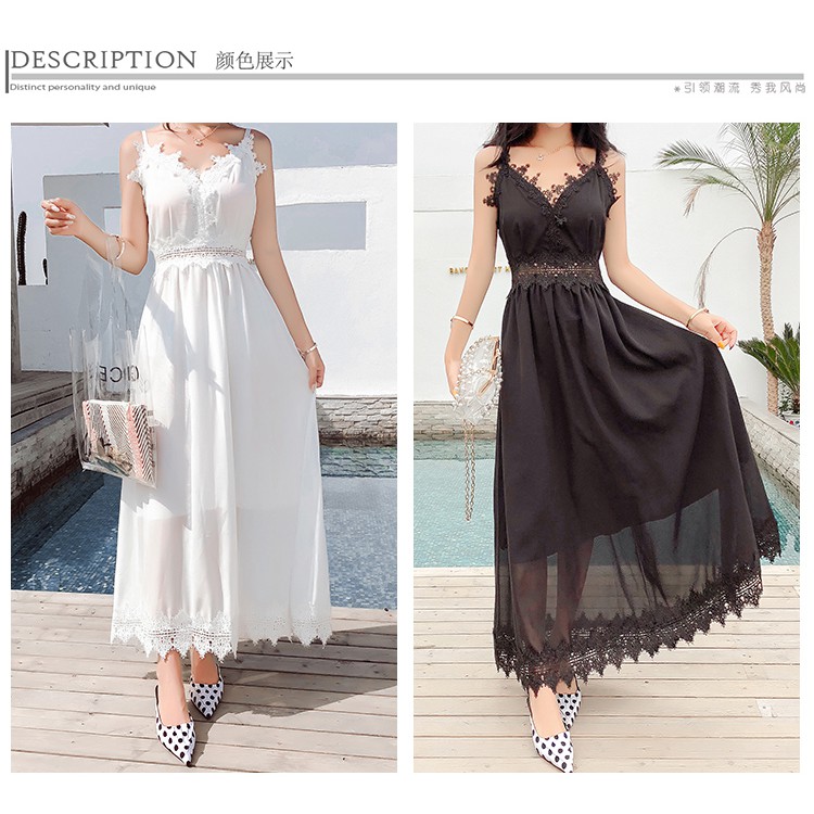HÀNG ORDER-DN84- Đầm maxi voan 2 dây viền ren thời trang