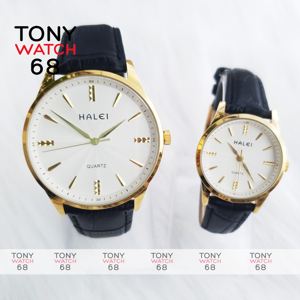 Đồng hồ cặp đôi nam nữ Halei viền vàng dây da siêu mỏng Tony Watch 68