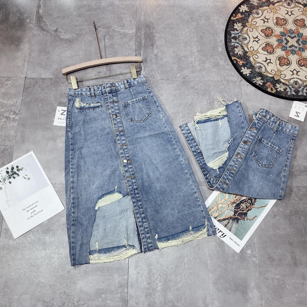 [Mã SKAMA06 giảm 8% tối đa 50K đơn 250K] Chân váy jeans rách cài cúc mã 1240 ( kèm ảnh thật, video )