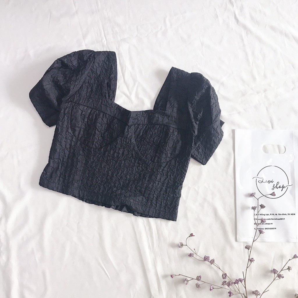 ❧♣♨Áo xốp chun croptop cổ vuông tay phồng Lovi | BigBuy360 - bigbuy360.vn
