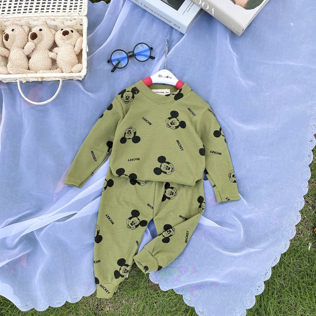 Bộ dài tay thu đông cho bé trai bé gái 8-18kg, vải tổ ong cao cấp, họa tiết Mickey ngộ nghĩnh - BO102