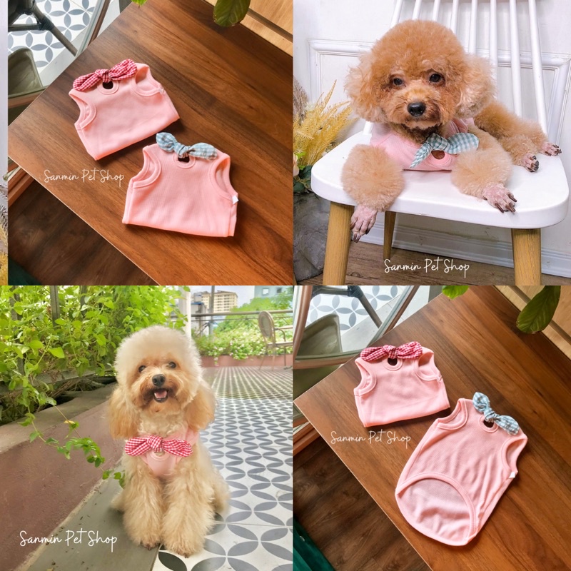 Áo thun 3 lỗ cho thú cưng phối nơ cổ tháo rời SanminPet