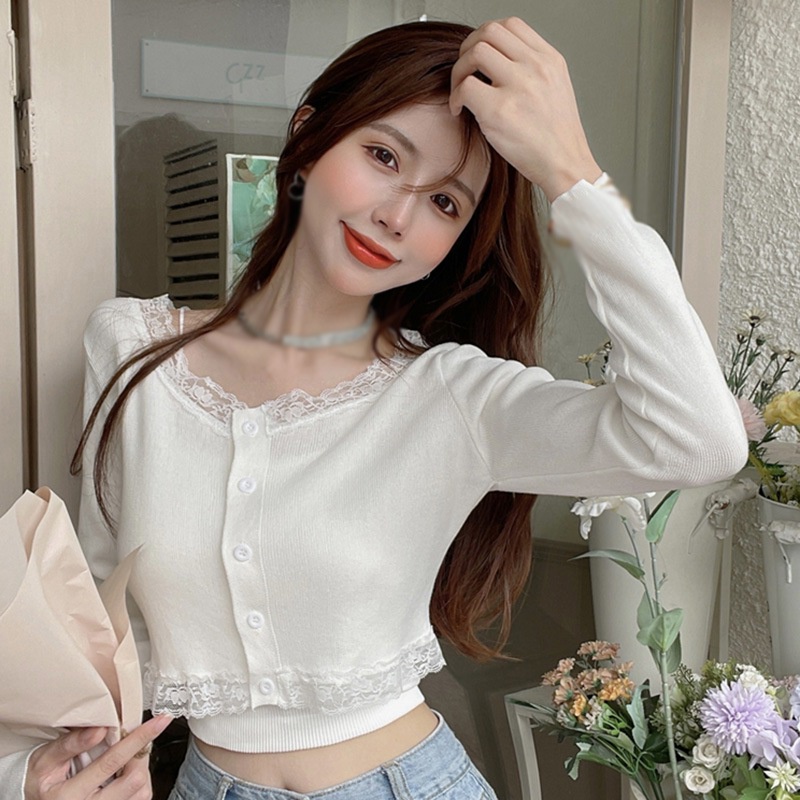 Korean Round Neck Lace Stitching Long Sleeve Knitted Cardigan Top Women Slim Casual Sweet Navel Exposed Long Sleeve Knitted Cardigan Tops