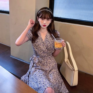 [order] Đầm hoa nhí tím tay bồng có dây eo - u.w