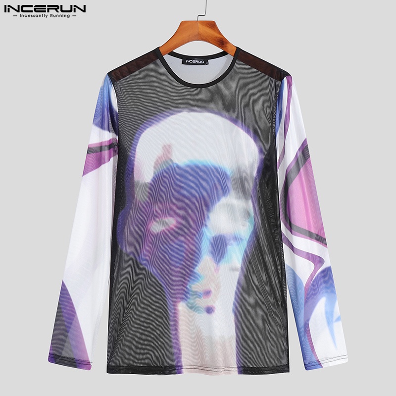 Áo thun INCERUN tay dài xuyên thấu thời trang cho nam