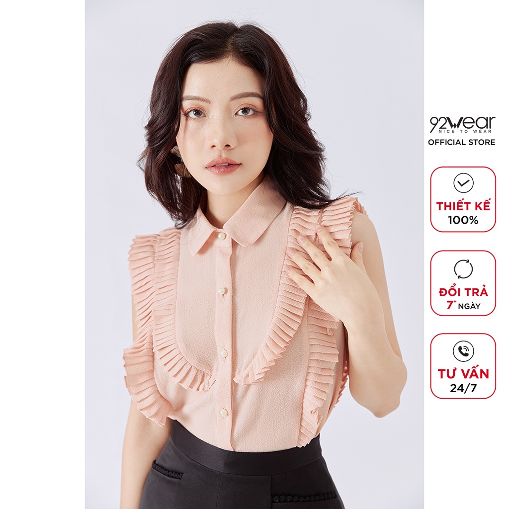 Áo sơ mi nữ sát nách 92WEAR thiết kế viền bèo thanh lịch cao cấp ASA1060