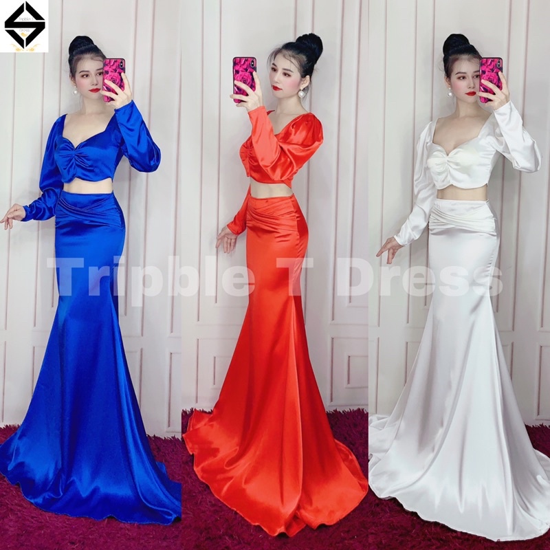 Đầm maxi dạ hội đuôi cá sét rời áo tay dài phồng + CV chất phi lụa TRIPBLE T DRESS - MS207Y - size S/M/L