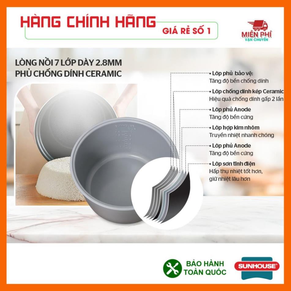 Nồi cơm điện Sunhouse Mama 1.8 lít SHD 8661, nồi cơm Sunhouse đỏ trắng, chống dính, nấu cơm ngon và mềm.