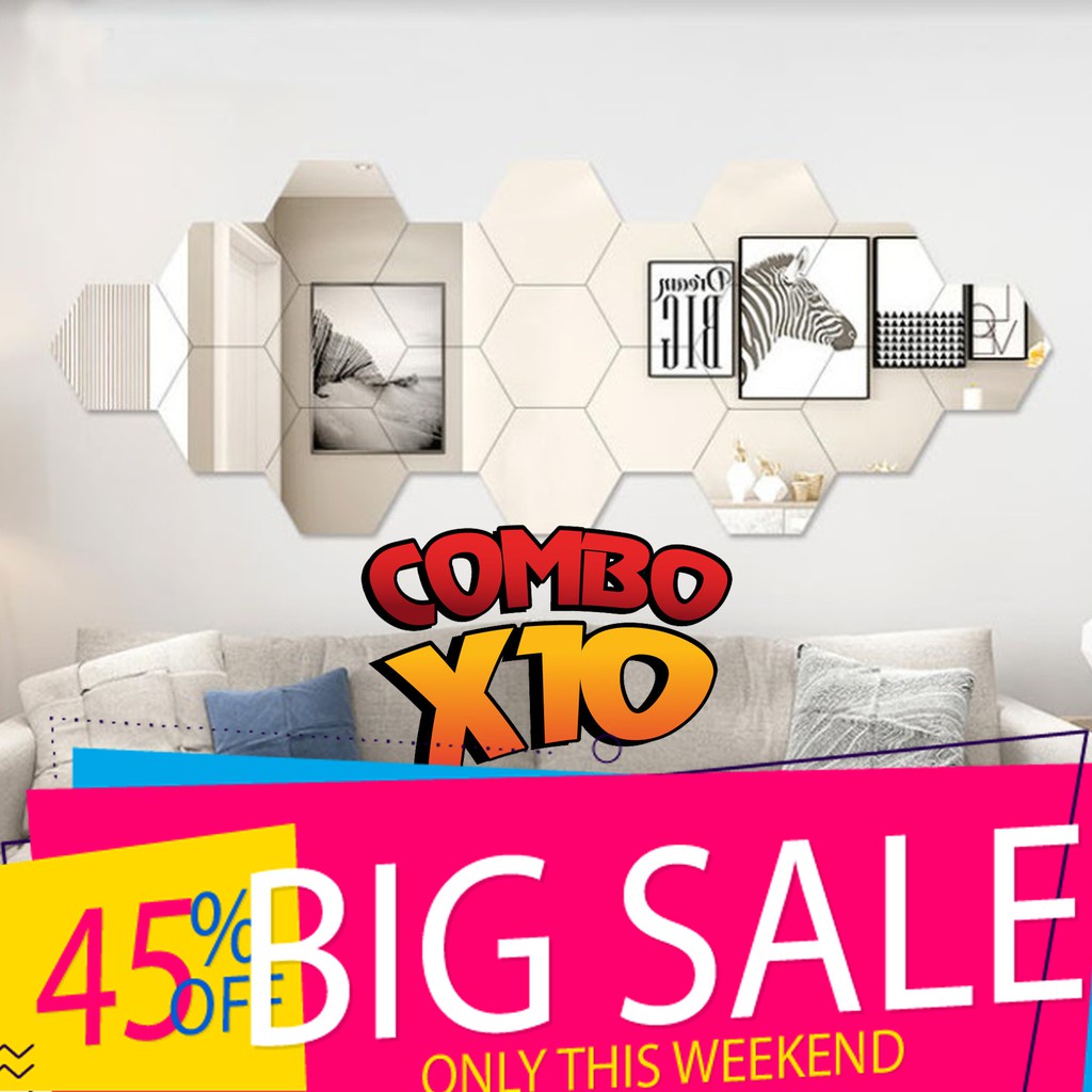 [ SALE KỊCH SÀN] COMBO 10 Bộ 12 miếng gương dán tường 3D hình lục giác 4x4