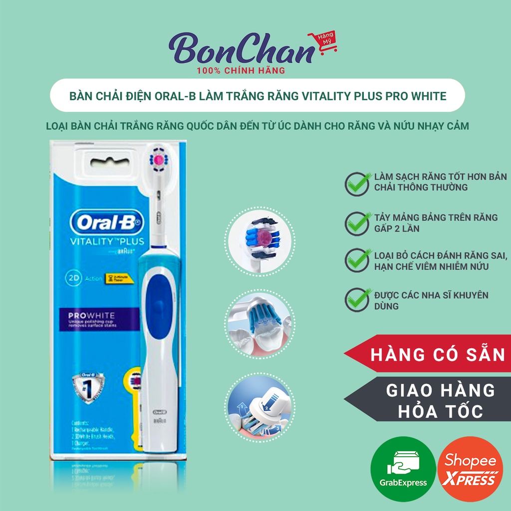 [Hỏa Tốc] Bàn chải điện đánh răng tự động Oral B Hàng Úc - Chính Hãng, chải sạch, nhẹ nhàng, trắng răng