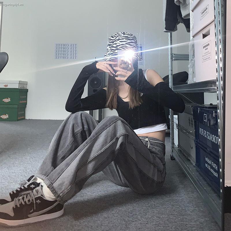 Quần Jeans Lưng Cao Ống Rộng Cá Tính Cho Phụ Nữ