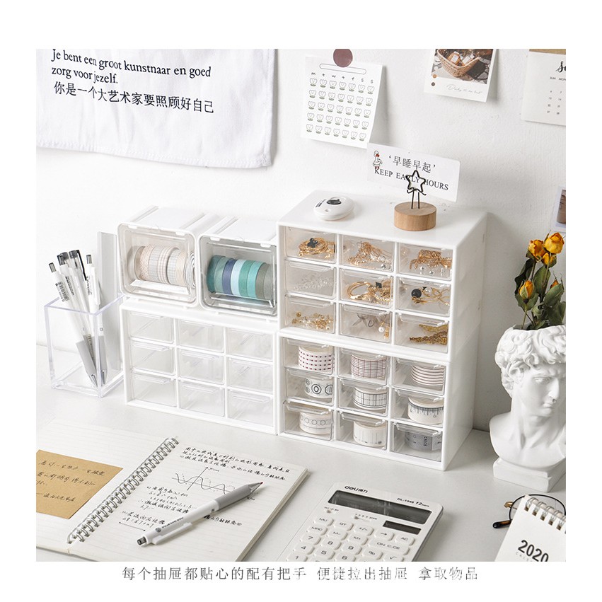 Hộp 9 ngăn kéo kệ mini chống bụi lưu trữ để bàn văn phòng phẩm derco bàn học dễ thương Hàn Quốc