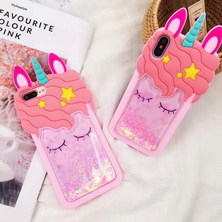 Samsung Galaxy A6 J4 J6 J8 Plus A7 2018 A750 Liquid Quidsand Pink Unicorn Silicon Cute Cartoon Protector Phone Cases