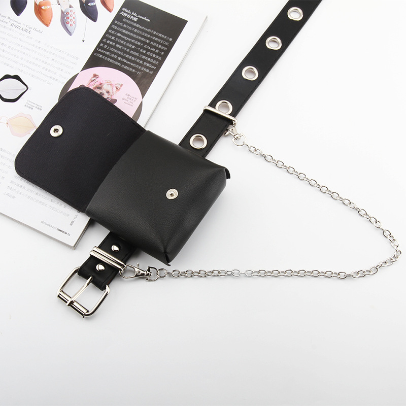 Thắt lưng phối dây xích khóa ghim màu đen phong cách punk thời trang Hàn Quốc 22580