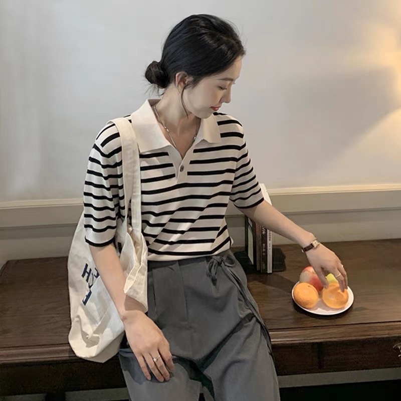 [ẢNH THẬT] Áo Polo Croptop Len Tăm Kẻ Ngang Montogini | BigBuy360 - bigbuy360.vn