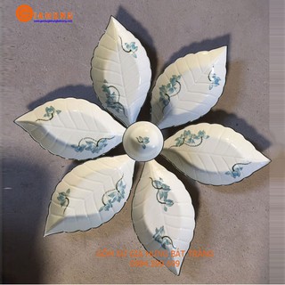 Bộ đĩa lá gân vẽ sen xanh gốm sứ Gia Hưng Bát Tràng