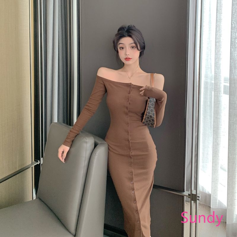 Off-shoulder Single-breasted Dress Women's Autumn Mid-length Dress