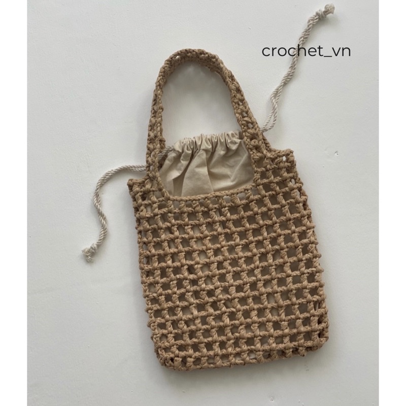 Túi Tote đan móc thủ công sợi giấy kèm túi vải rút để đồ bên trong, du lịch, đi chơi