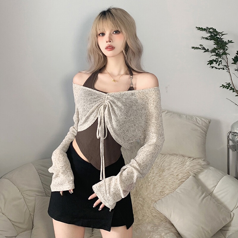 Kliou Set Áo Croptop Cổ Yếm + Áo Thun Tay Dài Dây Rút Thời Trang Mùa Thu Cho Nữ