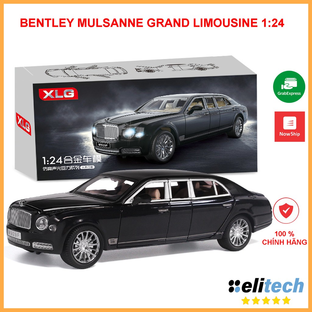 Xe mô hình tỉ lệ 1:24 Xe siêu sang Bentley Mulsane Grand Limousine chất liệu hợp kim, có đèn, mở 6 cánh