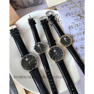 Đồng Hồ Cặp PW Dây Da Đen Không Lịch Mặt Tròn Thời Trang