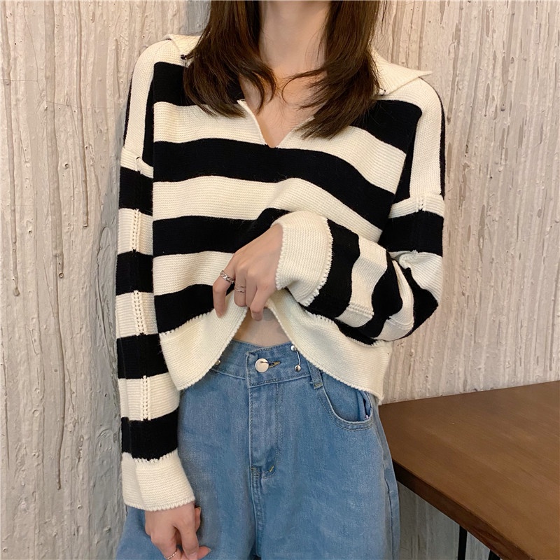Áo sweater dệt kim Perty hoạ tiết kẻ sọc phong cách retro Hàn Quốc thời trang thu đông cho nữ