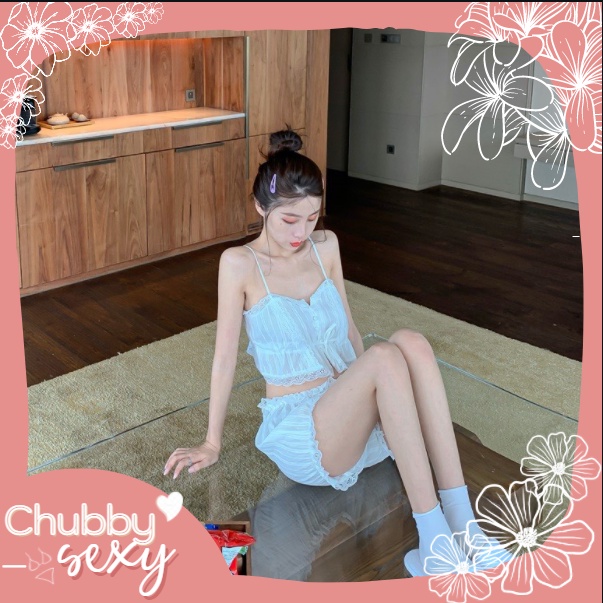 Bộ Đồ Ngủ Sexy Kute -  Bộ Mặc Nhà Gợi Cảm - Set Đồ Ngủ Trắng Vải Thô Đũi- CPL111 - Chubby.Sexy